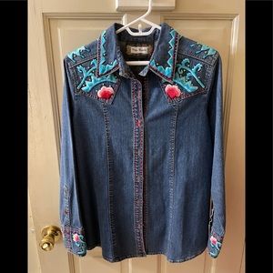 Denim Long Sleeve Top With Embroidery